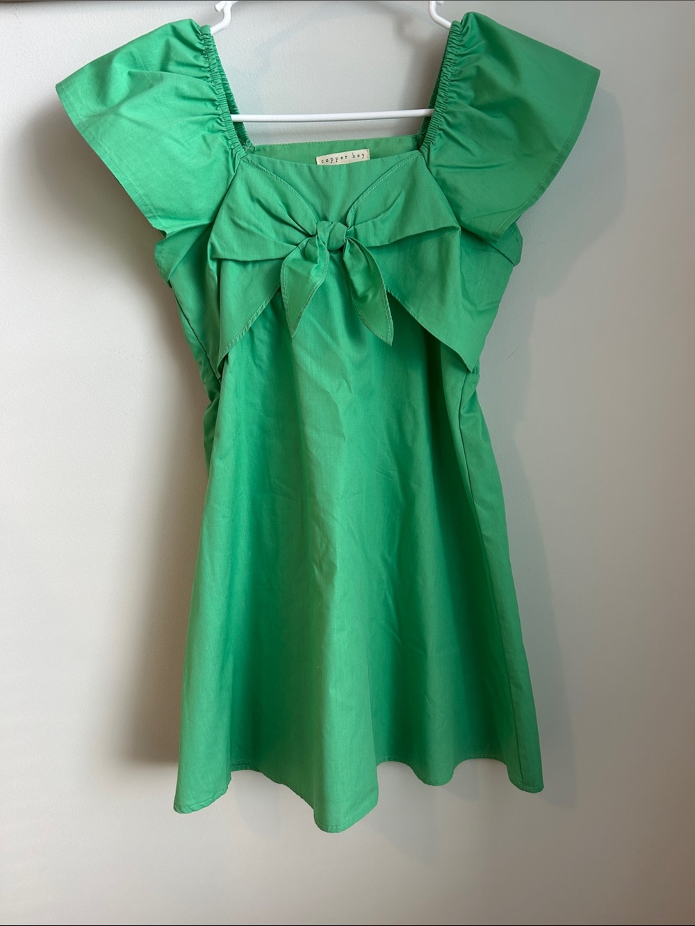 Girls M(8/10) Copper Key Green Bow-Front Ruffle Sleeve Kids Dress.